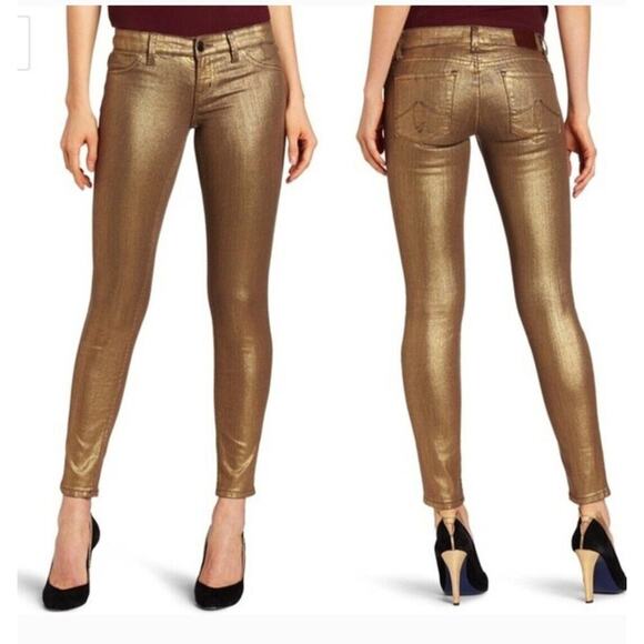 Level 99 Womens Janice Gold Metallic Coated Ultra Skinny Stretchy Jeans 26 - Picture 1 of 7